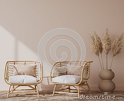 Home interior mockup, living room in cozy warm colors with rattan wooden furniture Stock Photo