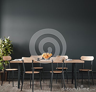 Home interior, modern dark dining room interior, black empty wall mock up Stock Photo