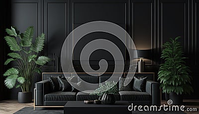 Home interior modern dark living room interior black Ai generative Stock Photo