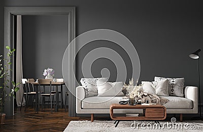 Home interior, modern dark living room interior, black empty wall mock up Stock Photo