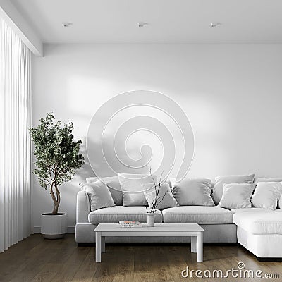 Home interior, modern white, light living room interior, empty wall mockup, 3D rendering. Stock Photo
