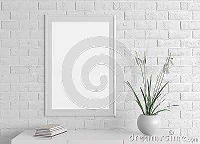 Home interior poster frame mock up on white brick wall. 3d illus Cartoon Illustration