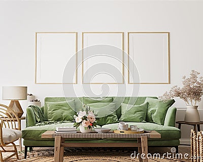 Home interior with poster frame mockup, green comfortable sofa on white wall with wooden furniture Stock Photo