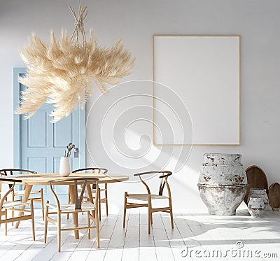 Home interior with poster mockup, Scandinavian Bohemian style Stock Photo