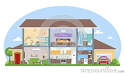 Home interior with room furniture vector illustration. Detailed modern house in flat style Vector Illustration