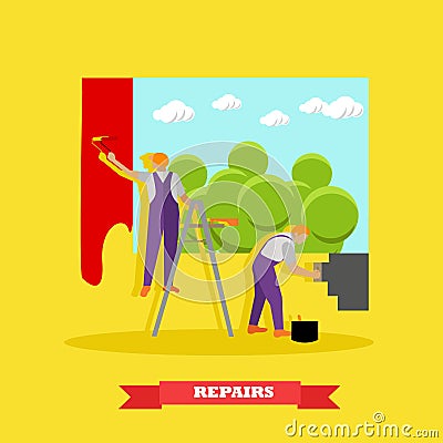 Home interior and room repair vector banner. Workers make renovation in apartment. People paint a wall in house Vector Illustration