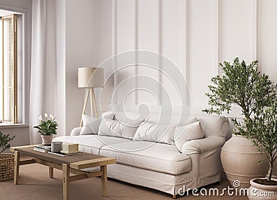 Home interior with Scandinavian decoration style, bright living room with neutral wooden furniture Stock Photo