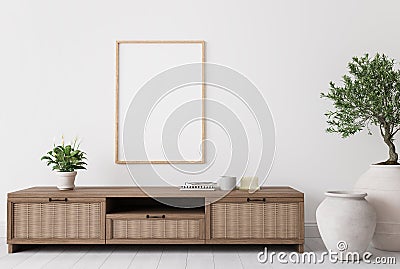 Home interior with Scandinavian decoration style, bright living room with neutral wooden furniture Stock Photo