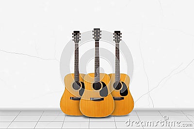 Home interior - Three acoustic guitar in front of white wall Stock Photo