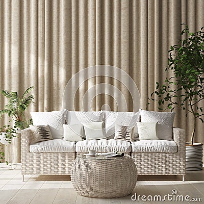 Home interior with wicker furniture and plants, Scandinavian style Stock Photo