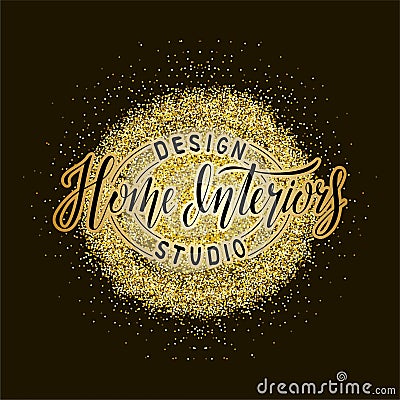 Home interiors design studio lettering on golden texture Vector Illustration