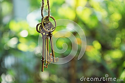 Home key with house keyring hanging with blur garden background Stock Photo