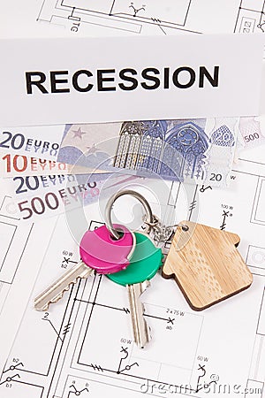 Home keys, euro and inscription recession on housing plan. Crisis of real estate market. Reduced housing prices Stock Photo