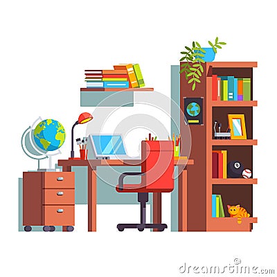Home kid room with desk, chair, laptop, book case Vector Illustration