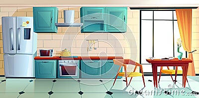 Home kitchen, empty interior with appliances. Vector Illustration