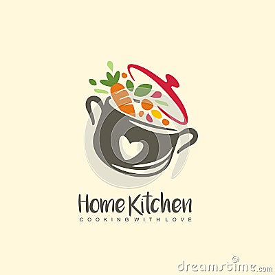 Home kitchen logo with pot full of healthy vegetables Vector Illustration