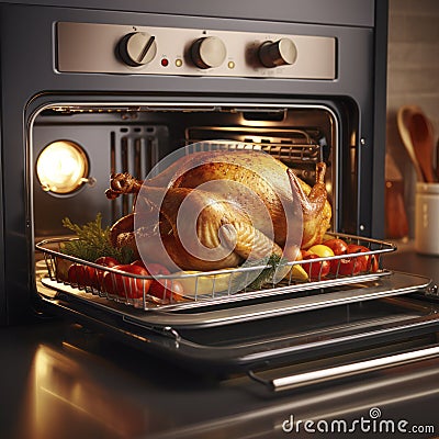 home kitchen oven baking a turkey Stock Photo