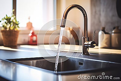 Home kitchen sink and water flowing from faucet, sunlit window in background Stock Photo