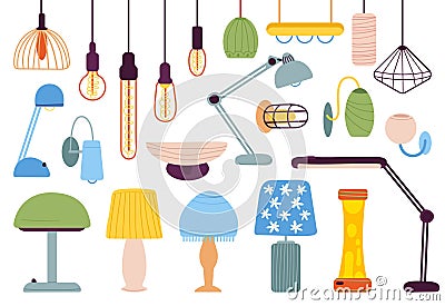 Home lamps collection. Interior sketch lamp with lampshade, contemporary light chandelier. Cartoon ceiling lighting Vector Illustration