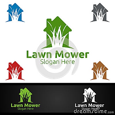 Home Lawn Mower Logo for Lawn Mowing Gardener Design Vector Illustration