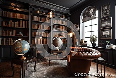 Home Library: Create a set of images that showcase a grand, sophisticated home library. Generative AI Stock Photo