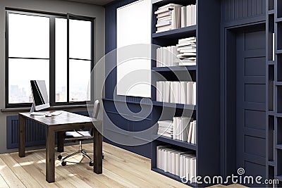 Home library with a desk, black, side view Stock Photo