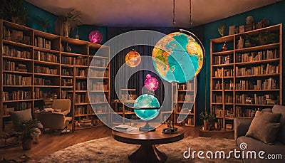 A home library with neon-lit globe decorations, igniting w Stock Photo