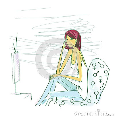 Home life. Girl in a T-shirt and jeans sits in a chair at the tv. Illustration Stock Photo