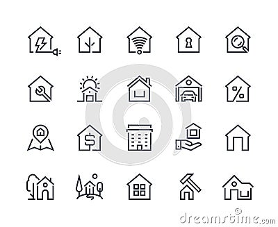 Home line icons. Browser interface button, home page pictogram, houses and city building constructions. Vector real Vector Illustration