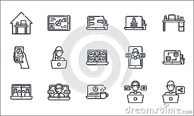 Home line icons. linear set. quality vector line set such as sharing file, working, video call, working, conference, video calling Vector Illustration