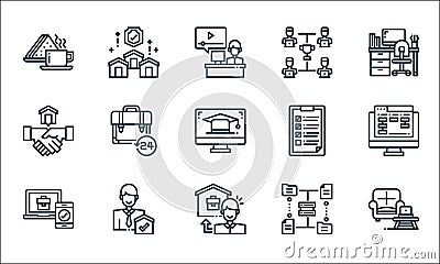 home line icons. linear set. quality vector line set such as sofa, working at home, checking, file upload, working at home, Vector Illustration