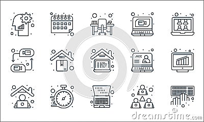 Home line icons. linear set. quality vector line set such as typing, laptop, employee, team work, watch, recording, video call, Vector Illustration