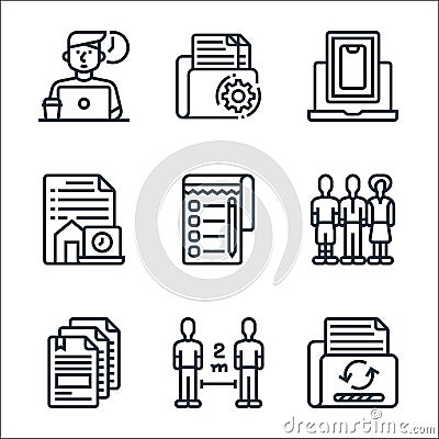 home line icons. linear set. quality vector line set such as update, distance, priority, teams, to do list, devices, document Vector Illustration