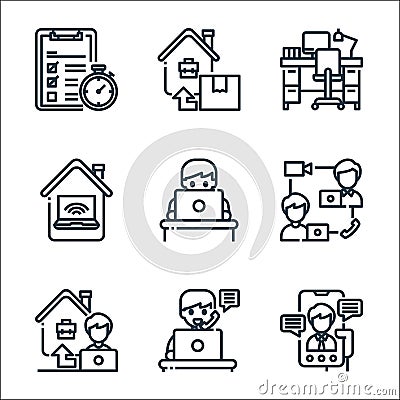 home line icons. linear set. quality vector line set such as video call, teleworking, working at home, video calling, working, Vector Illustration
