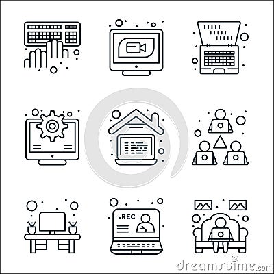 home line icons. linear set. quality vector line set such as working at home, recording, office desk, team work, working at home, Vector Illustration