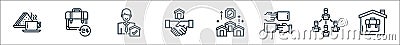 home line icons. linear set. quality vector line set such as working at home, teleworking, coffee time, home security, shaking Vector Illustration