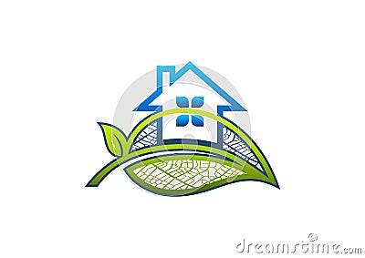 Home logo, leaf, house,architecture, icon, nature, building, garden, and green real estate concept design Vector Illustration