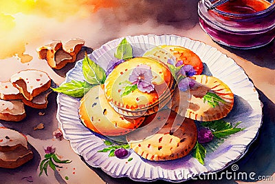 Home-made biscuits arranged on a plate, generative ai Cartoon Illustration