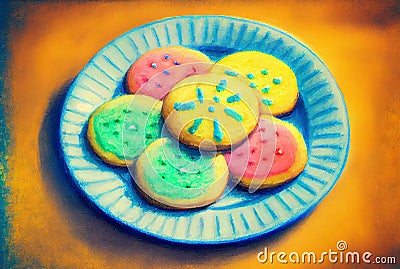 Home-made biscuits arranged on a plate, generative ai Cartoon Illustration