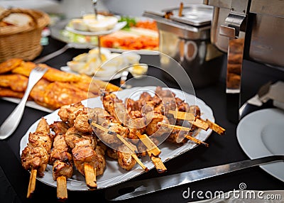 Home made chicken shashlik style barbecue chicken sticks roasted fried Stock Photo