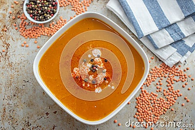 Curried red lentil tomato and coconut soup Stock Photo