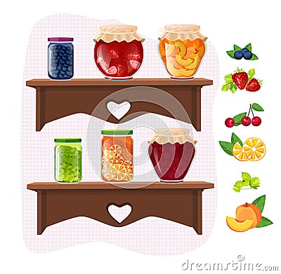 Home made jam. Marmalade fruit dessert jamming jars traditional glass packaging on shelves vector set Vector Illustration