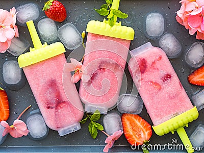 Home made strawberry ice cream popsicles Stock Photo