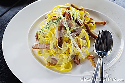 Home-made tagliatelle with turkey, mushrooms and truffle sauce Stock Photo