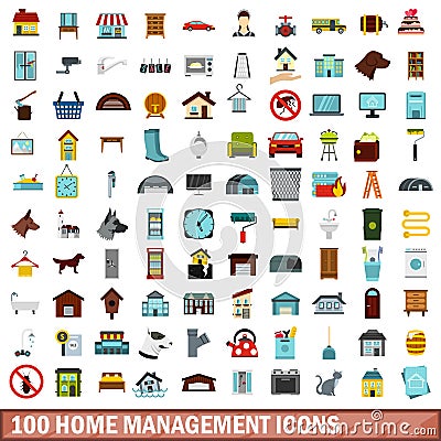 100 home management icons set, flat style Vector Illustration