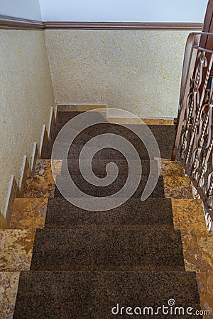 home marble staircase with railing.first person view. Stairs leading down to down floor. Interior design Stock Photo