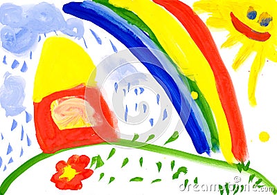 Home on meadow. Child's drawing. Stock Photo