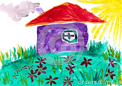 Home on meadow with flowers. Childlike drawing. Stock Photo