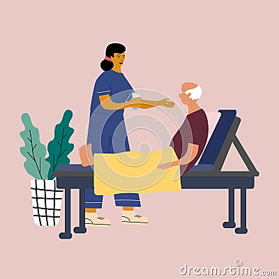 Home medical service concept. Nurse care and support a senior adult at his home. Vector Illustration