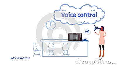 Home microwave oven controlled by woman smart tech recognizes commands voice control concept modern kitchen interior Vector Illustration